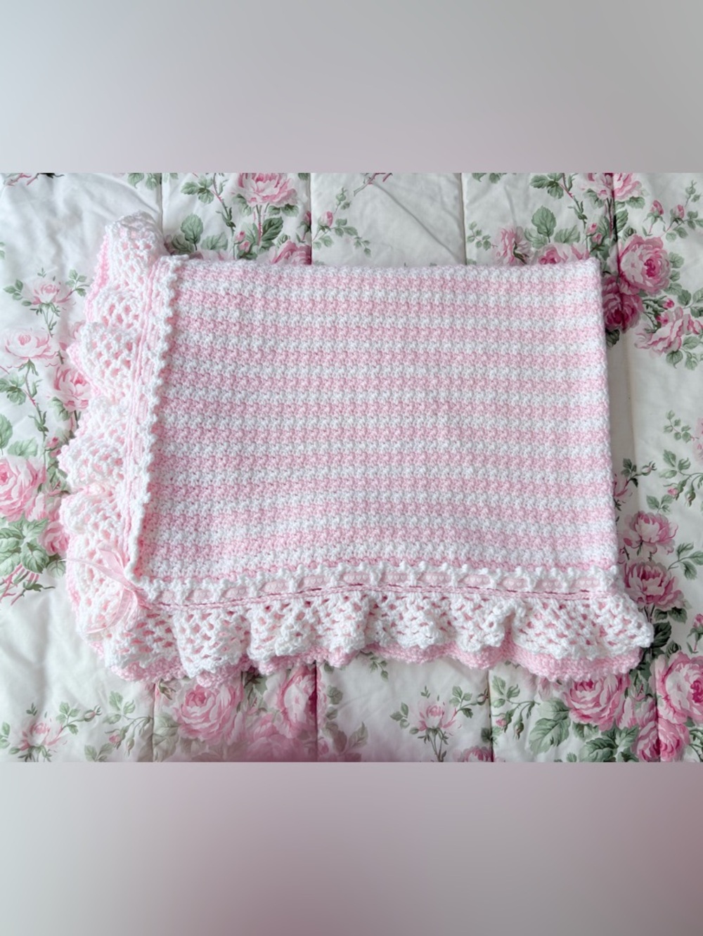 Vintage Crocheted Baby Blanket Afghan Pink & White w Bows Dbl Ruffles 40x50 - Picture 9 of 9